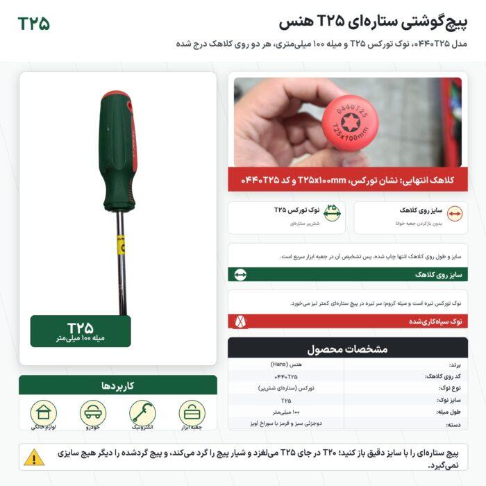 پیچ گوشتی ستاره‌ای T25 هنس مدل 0440T25 با میلهٔ ۱۰۰ میلی‌متر