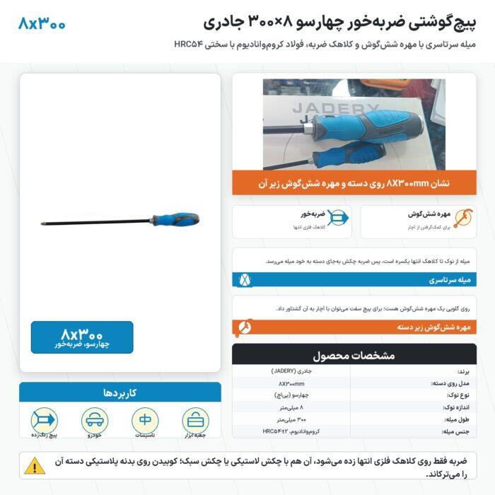 پیچ گوشتی ضربه خور چهارسو ۸×۳۰۰ جادری با کلاهک ضربه و مهرهٔ شش‌گوش