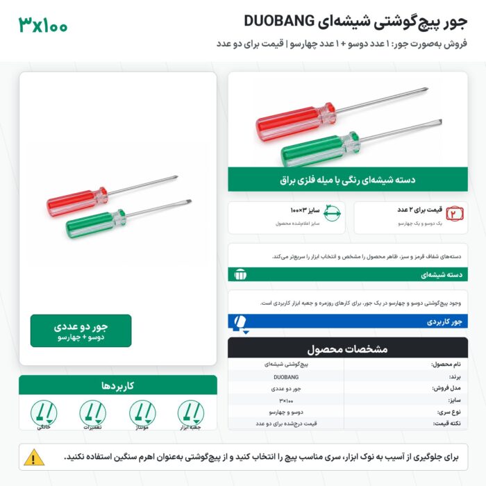 اینفوگرافیک جور پیچ‌گوشتی شیشه‌ای DUOBANG سایز ۳×۱۰۰