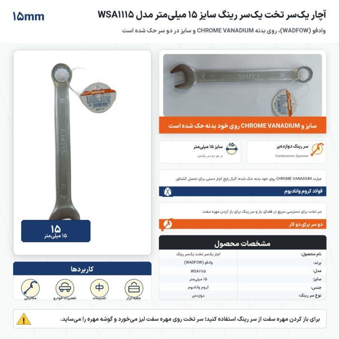 اینفوگرافیک آچار یک‌سر تخت یک‌سر رینگ وادفو سایز ۱۵ میلی‌متر مدل WSA1115