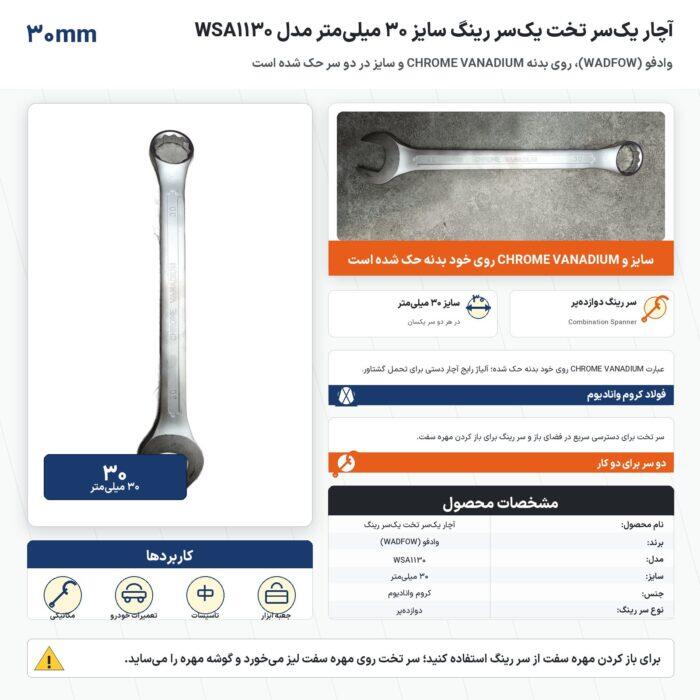 اینفوگرافیک آچار یک‌سر تخت یک‌سر رینگ وادفو سایز ۳۰ میلی‌متر مدل WSA1130