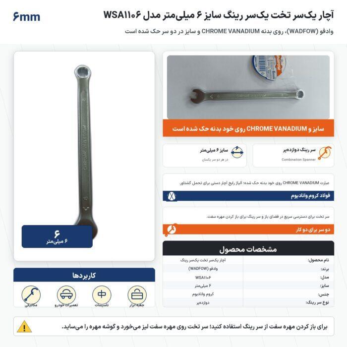 اینفوگرافیک آچار یک‌سر تخت یک‌سر رینگ وادفو سایز ۶ میلی‌متر مدل WSA1106
